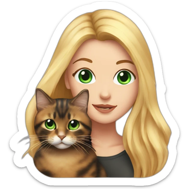 woman with green eyes and long straight blonde hair and big boobs is holding a very fluffy and fat tortoiseshell cat sticker