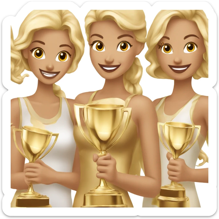 Six beautiful and elegant blonde and Latina models celebrating with 1 huge gold trophy sticker