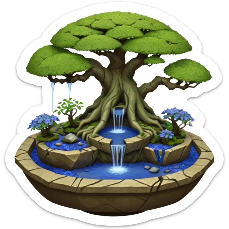 Alien saucer jungle-vines fountain mountain-island landscape antique mudman very old broken cracked intricate Stone Age lapis-crusted irregular dodecagon-shaped shallow dark moss rough bark blue serissa flowered maple tree bonsai pot sticker