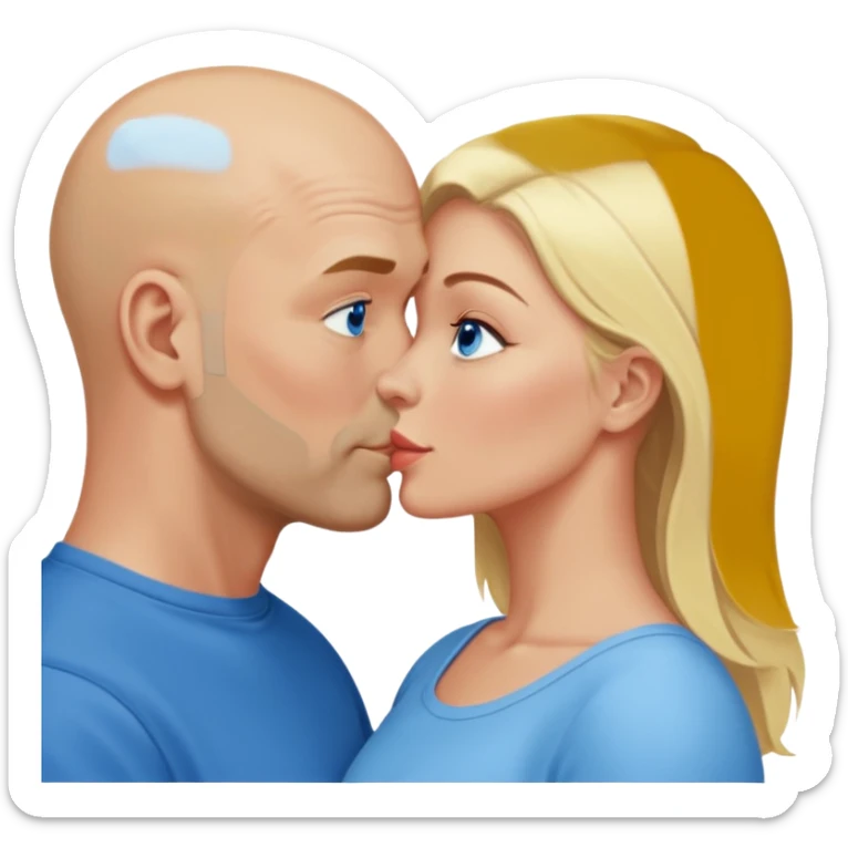 middle aged bald man with salt and blonde scruff, blue eyes and blonde woman with blue eyes kissing each other sticker
