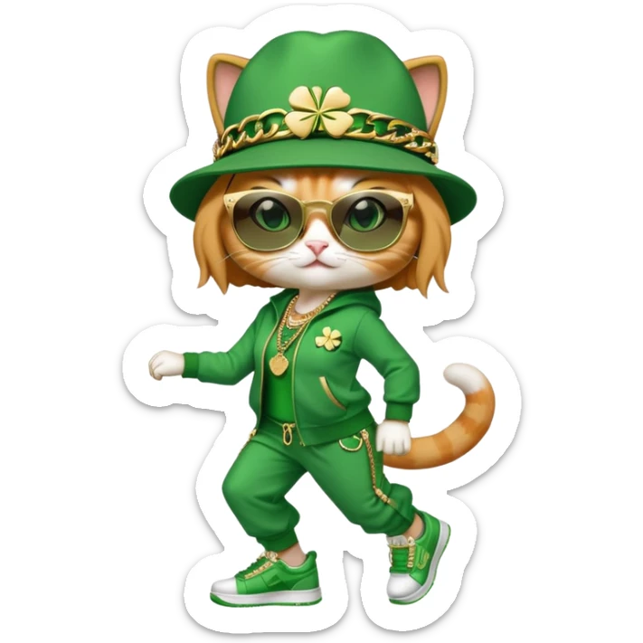 female cat wearing hip-hop Run DMC outfit with green tracksuit, fedora with shamrock, dark sunglasses, gold chains, bling accessories, St. Patrick's Day theme, break dancing sticker