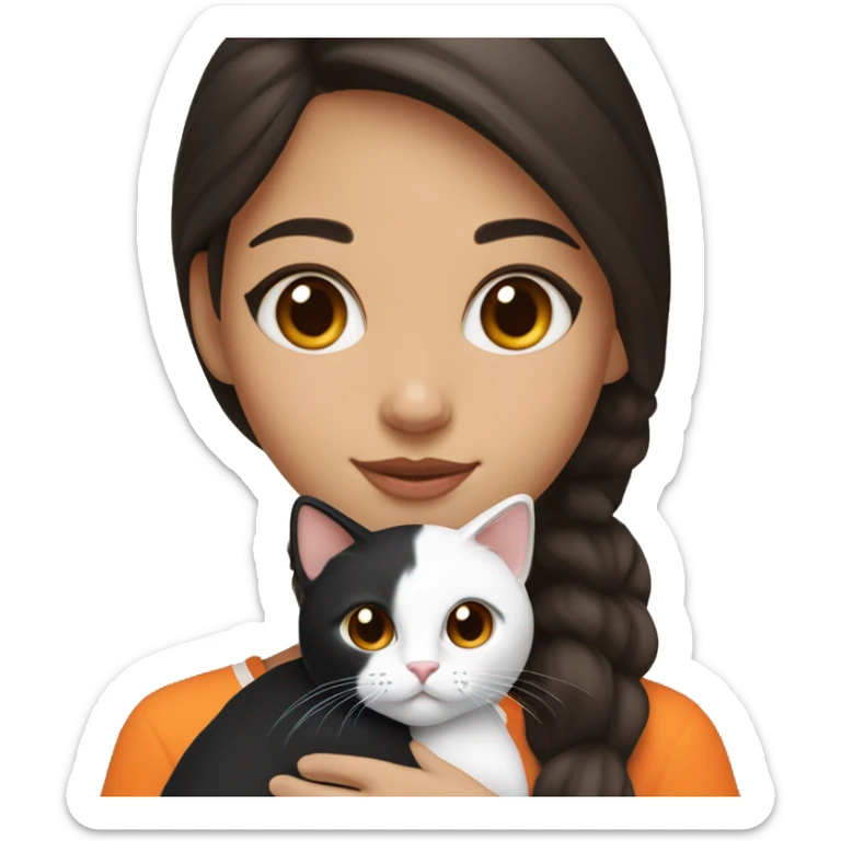 Brunette girl with brown eyes, holding a tricolor  black white and orange cat. Cat hairs are black in one side of its face and orange in the other side. sticker