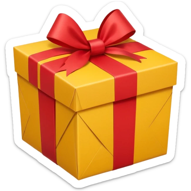 box with yellow wrapping paper and a length of red ribbon surrounding it on the ground so you can see most of the box sticker