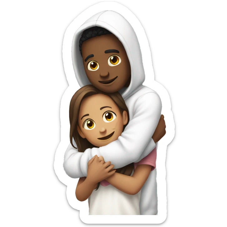 An emoji of a man wearing a white hoodie, standing next to his sister. He is hugging her warmly, showing a close sibling bond sticker
