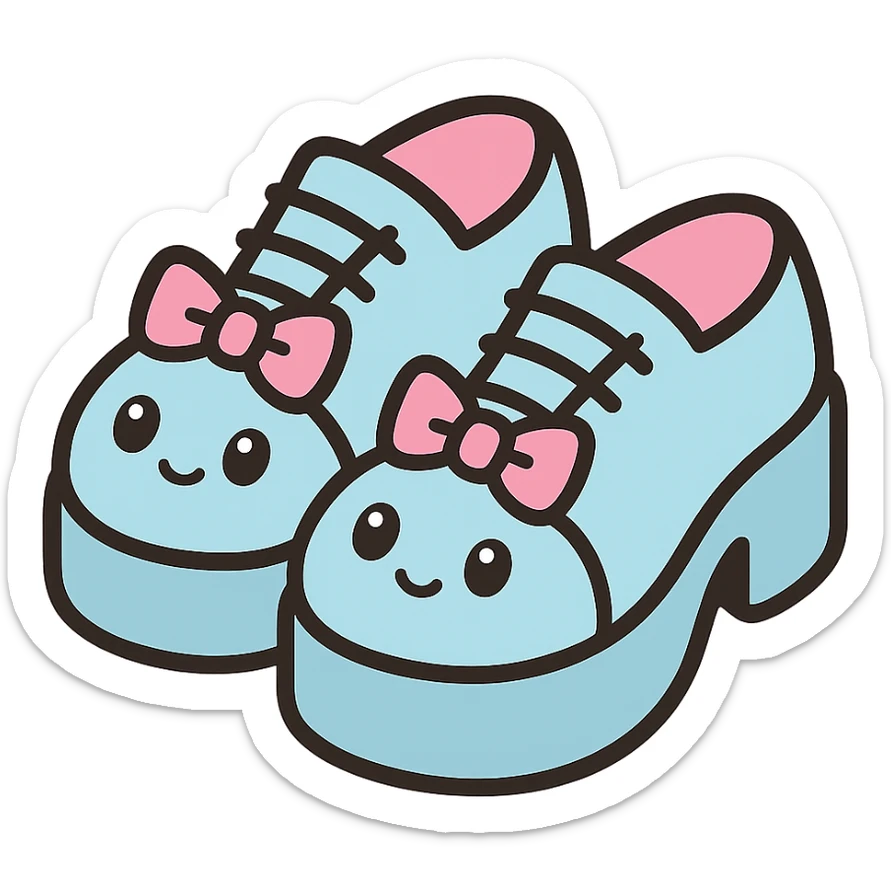 Make the shoes pastel blue with black and pink accents, kawaii style, no socks, no hearts, transparent background sticker