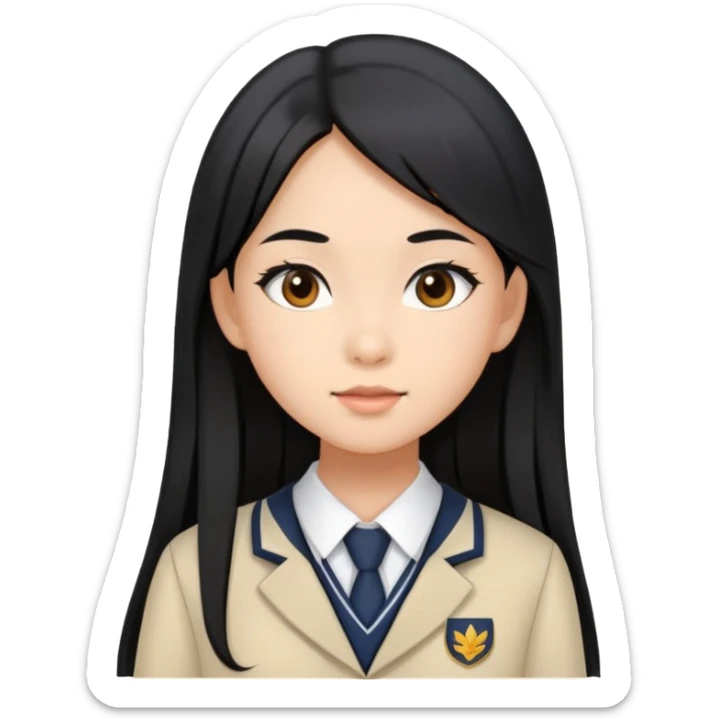 chic girl with Asian skin tone, wearing a school uniform, long straight black hair sticker