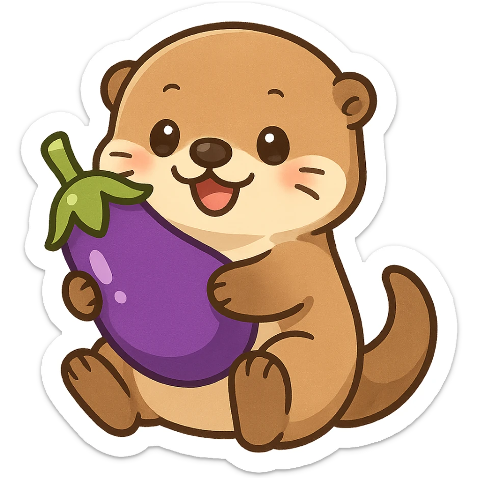 cute and playful sea otter holding an eggplant, chibi stickers style, cartoonish, adorable, vibrant colors sticker