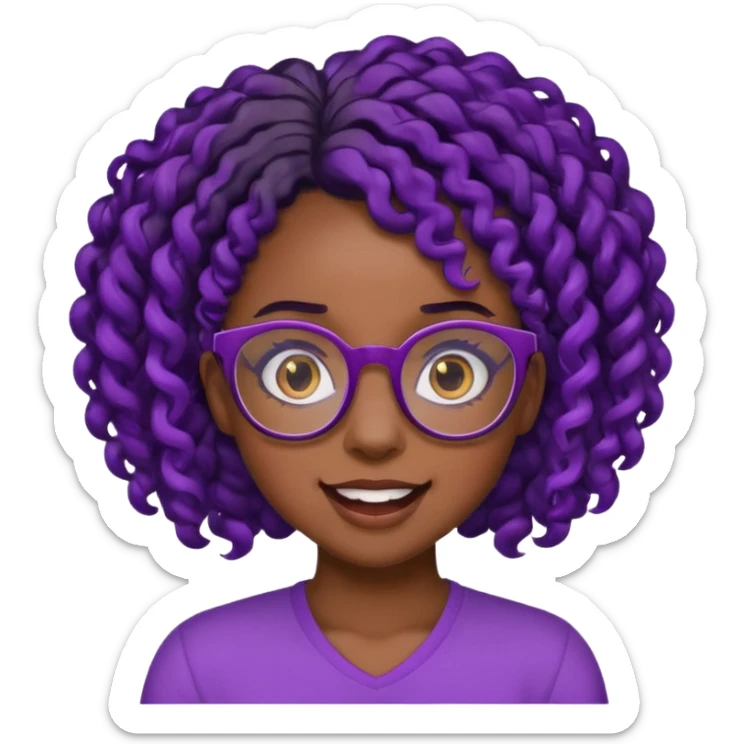 nerd emoji like with glasses showing only her 2 buck teeth but it’s a black girl with purple black curly hair sticker