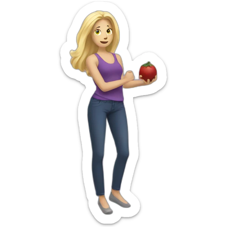 blonde woman holding a brinjal in her one hand and the other hand on his pant sticker