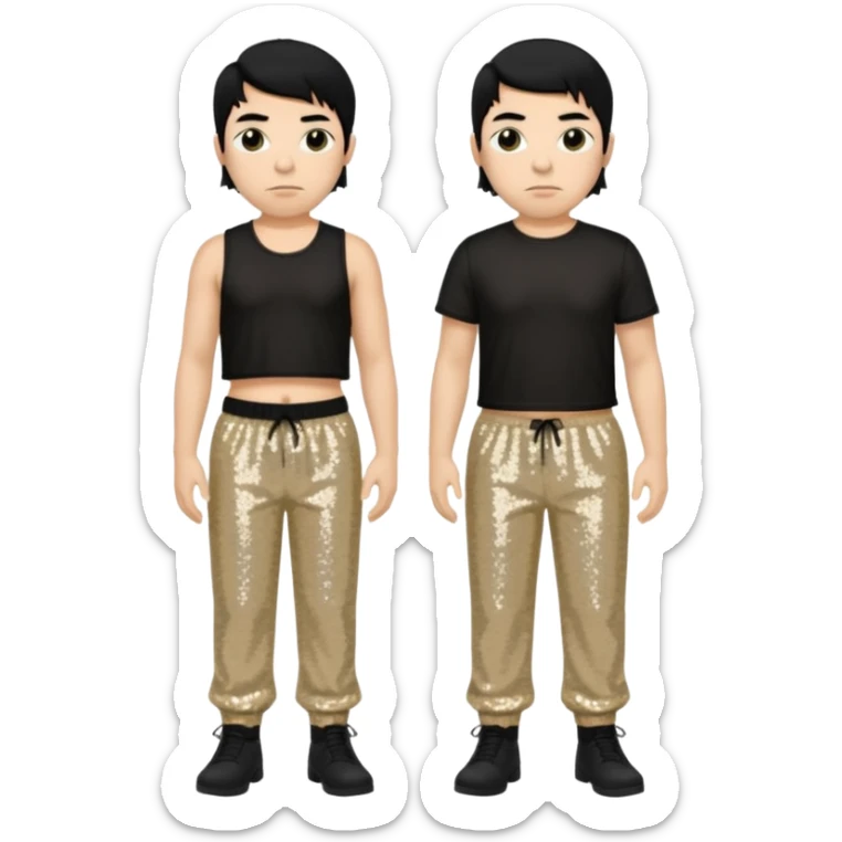 Chino Moreno with black hair, black sequin crop top, beige sequin baggy pants sticker