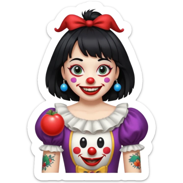 anjinha with bangs and black hair, snow white skin, black tattoo of a laughing clown on the arm, emoji style sticker