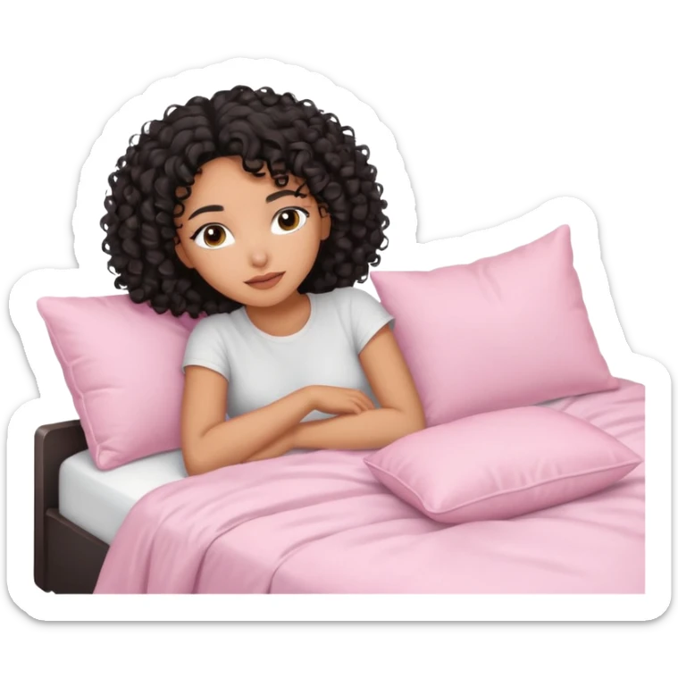 Mixed-race woman with caramel skin and black curly hair, lying on a white bed with pastel pink pillows, peaceful expression sticker