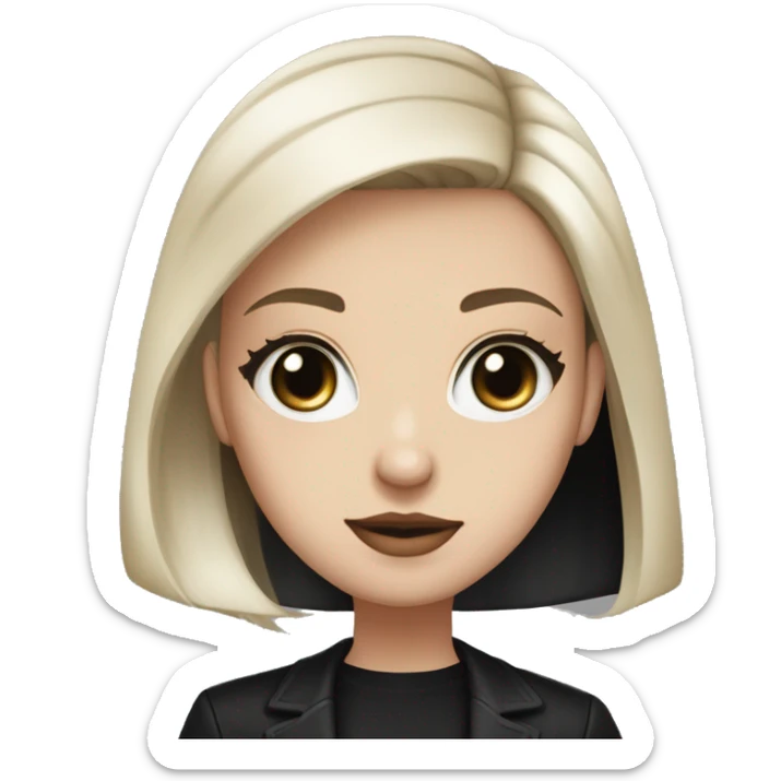 waist-length portrait, looking up, Slavic adult woman, goth eyes makeup, blue eyes, medium bob black-to-blonde ombre straight hair, white T-shirt and black office jacket. sticker