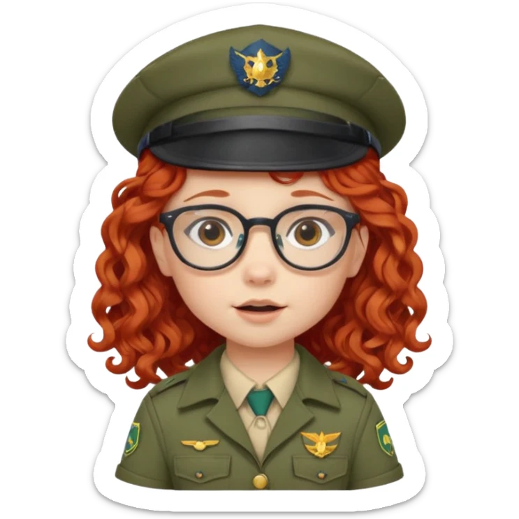 scout girl baby with uniform including the hat,  little with glassess and long curly red hair sticker