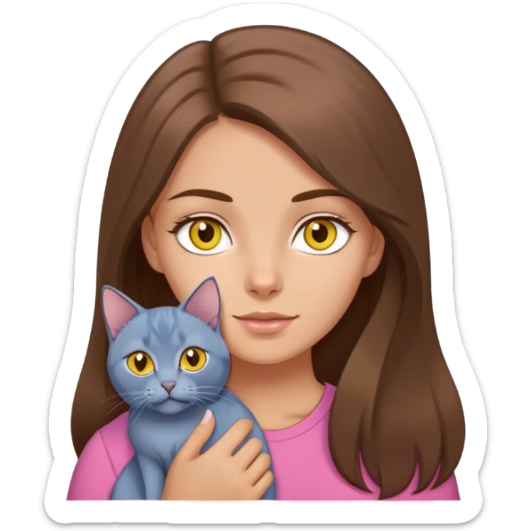 White girl with long brown hair and brown eyes wearing a pink shirt holding russian blue cat with yellow eyes  sticker