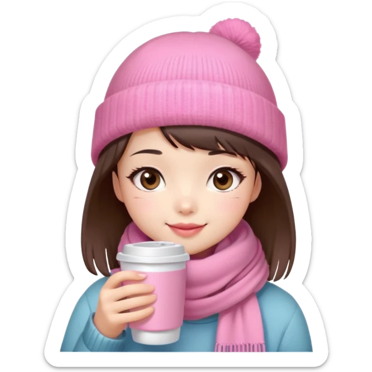 Cute East Asian girl, soft fair skin, big brown eyes, long lashes, natural pink lips, inward brown bob with straight bangs. Wearing pink beanie and scarf, rosy cheeks, shy smile, holding warm drink,  sticker
