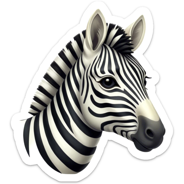 Cinematic Noble Zebra Portrait Emoji, Poised and regal, with a lean, elegant build, a long, graceful equine snout and striking fur of bold black and white stripes, deep-set soulful piercing eyes, Simplified yet sharp and sophisticated features, highly detailed, glowing with a soft, dignified glow, high shine, intelligent and graceful, stylized with an air of savannah chic, focused and attentive, soft glowing outline, capturing the essence of a watchful and confident equine that feels as though it could gallop out of the screen with effortless authority! sticker