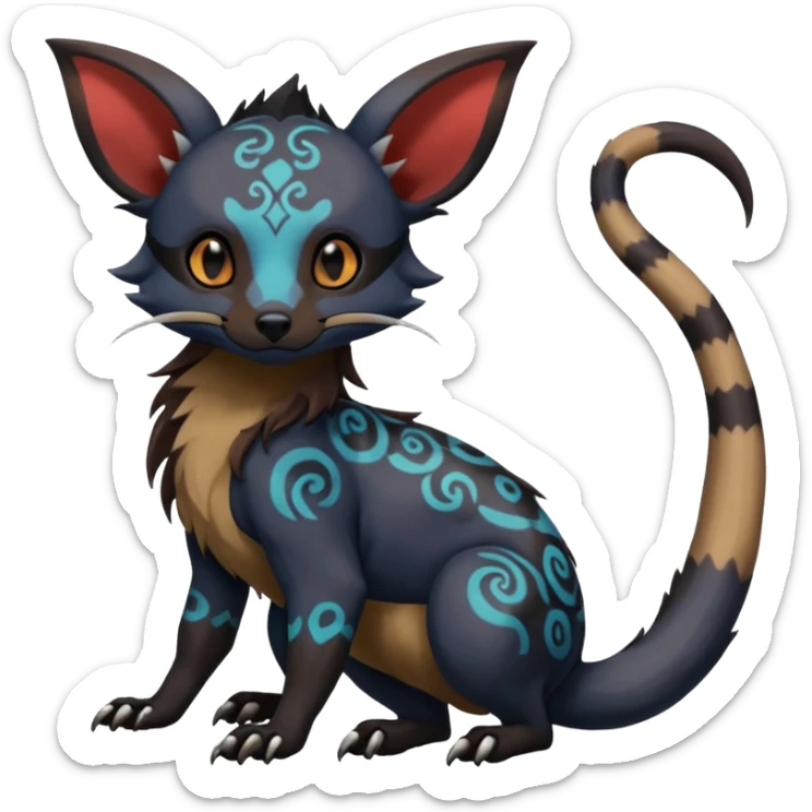 Rare warm-colored gloomy spooky exotic cute epic aesthetic gothic colorful Salandit-Eevee-Civet-species-Fakemon-hybrid-creature, with intricate tattoo markings, full body sticker