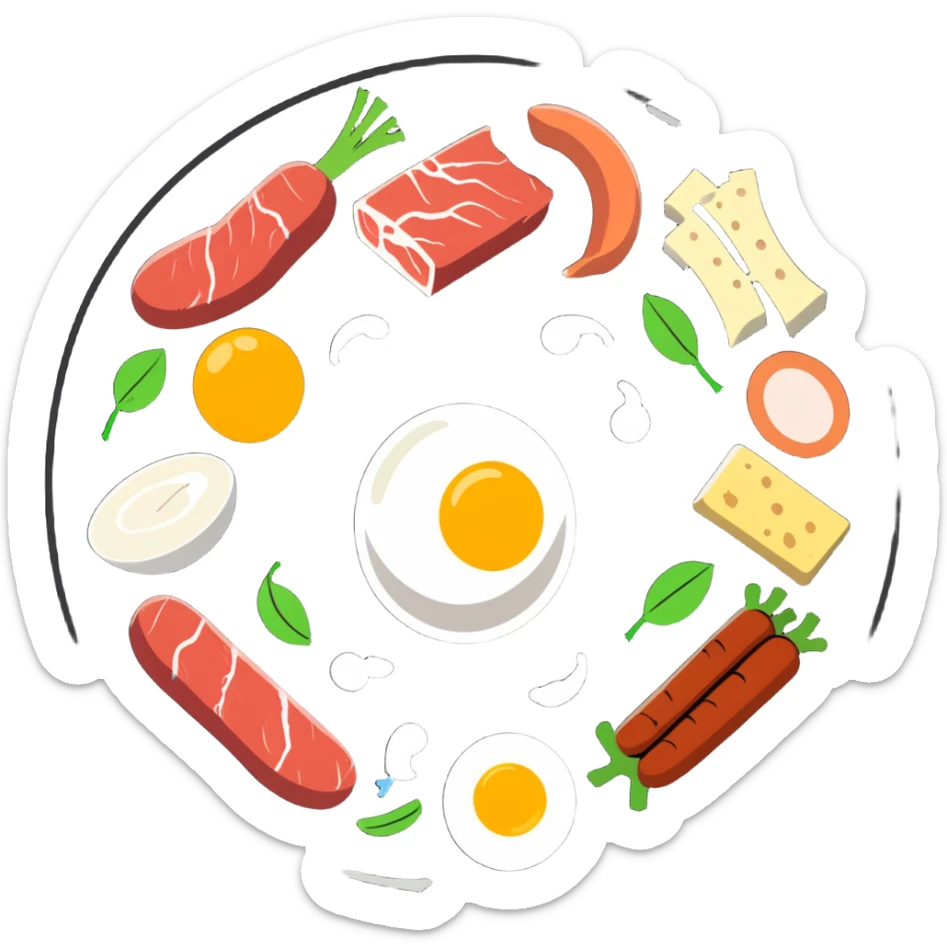 Close-up of glowing muscle fibers only, semi-transparent and pulsating with energy. Protein food icons (meat, egg, beans, tofu, yogurt) orbit around the muscle fibers in a warm energetic circle. sticker