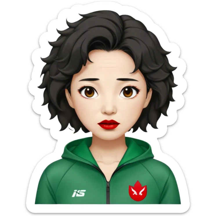 Han Mi-nyeo : Age: Late 60s
Appearance: A middle-aged woman with wrinkles, frizzy, messy brown black hair and dramatic red lipstick.
Outfit: Green player tracksuit sticker