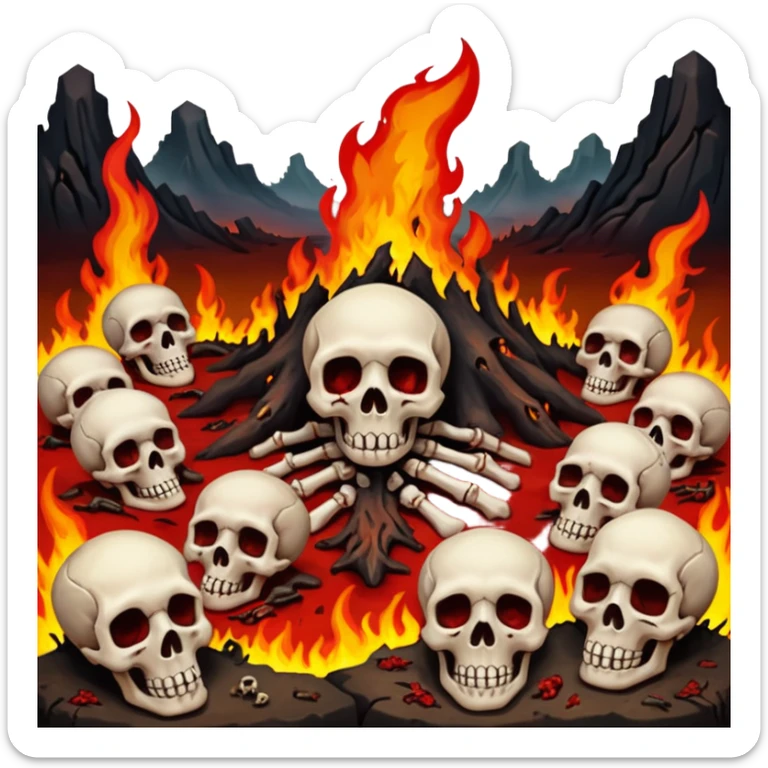 A burning hell landscape in the style of rott8ng corpses in the style of your bloody skull art. More detailed, extreme detail sticker