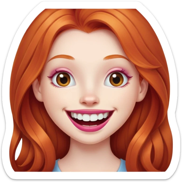 Young girl with pale skin, longer face, full pink lips smiling with big teeth, very long ginger red hair (no blonde at all), big brown eyes, bigger nose, big mouth sticker