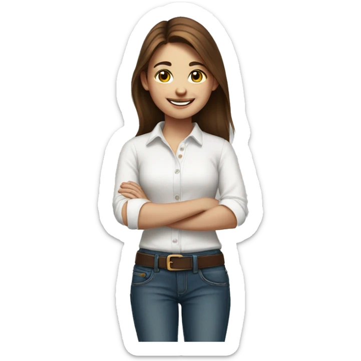 smiling girl portrait with brown hair with a jeans and White shirt  sticker