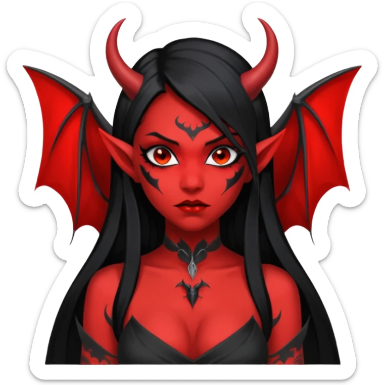 Full red-skin demon girl (entire body red), long black hair, small red horns, pointed ears, single bat wing, black open-back dress, bold tattoo-flash comic linework, red/black/gray, dark background, no text. sticker