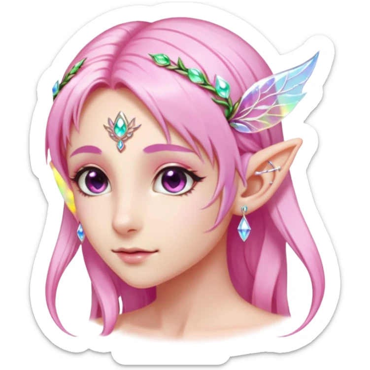 portrait of pink Elvish fae shiny sparkly iridescent translucent diaphanous ear climber ear cuff sticker