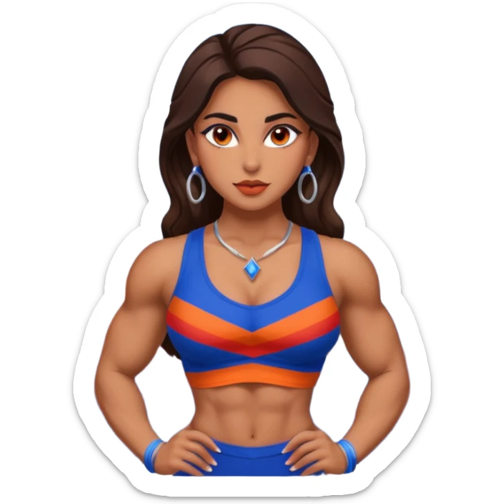 sexy and muscled, full body, brown skin Armenian caucasian girl, sexy Armenian girl, beautiful eyes, makeup, earrings, muscled, surrounded by mountains, red, blue and orange stripes, mountains around sticker