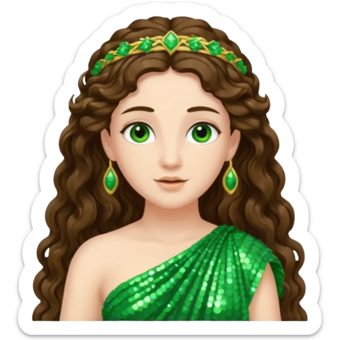 Juno, Goddess of Marriage from Roman Deities with long brunette wavy hair, green sequin toga sticker