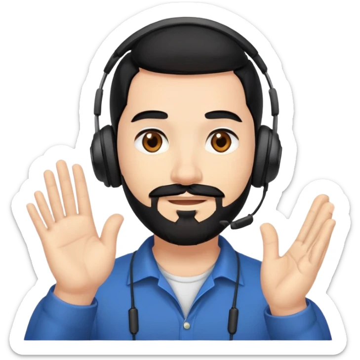 Man with black hair, brown eyes, and black beard wearing gaming headset and applauding sticker