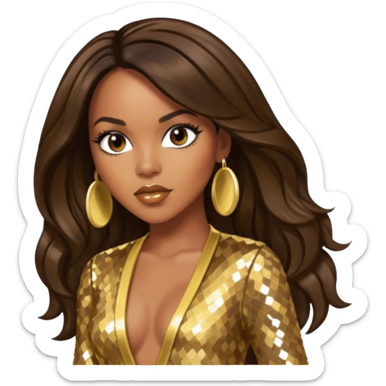 LeToya Luckett from Destiny's Child with dark brown long hair, gold outfit sticker