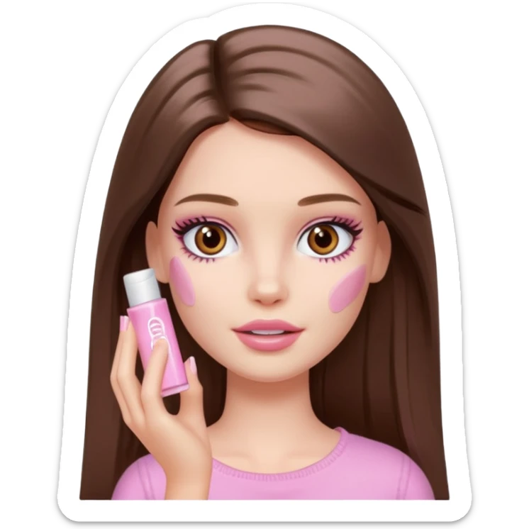 Barbie girl a brown long Straight hair and brown eyes is In pale pink smears by hand cosmetic cream on her face sticker