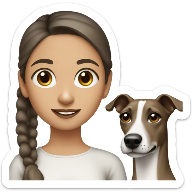 a girl with dark hair and a bun with a greyhound (whippet) dog breed next to her sticker