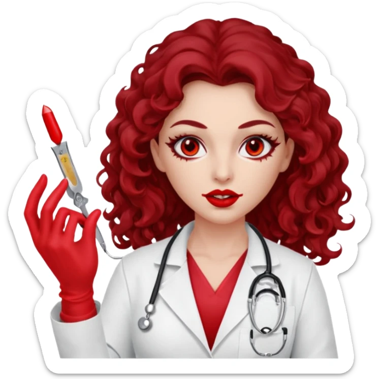 Lilith scalpel in hand, evil surgeon sexy surgeon clothes.  She has red eyes. She has dark brown long curly hair. Wears sexy doctor outfit with red gloves. Covers mouth neck and nose with red litham for Muslim woman sticker