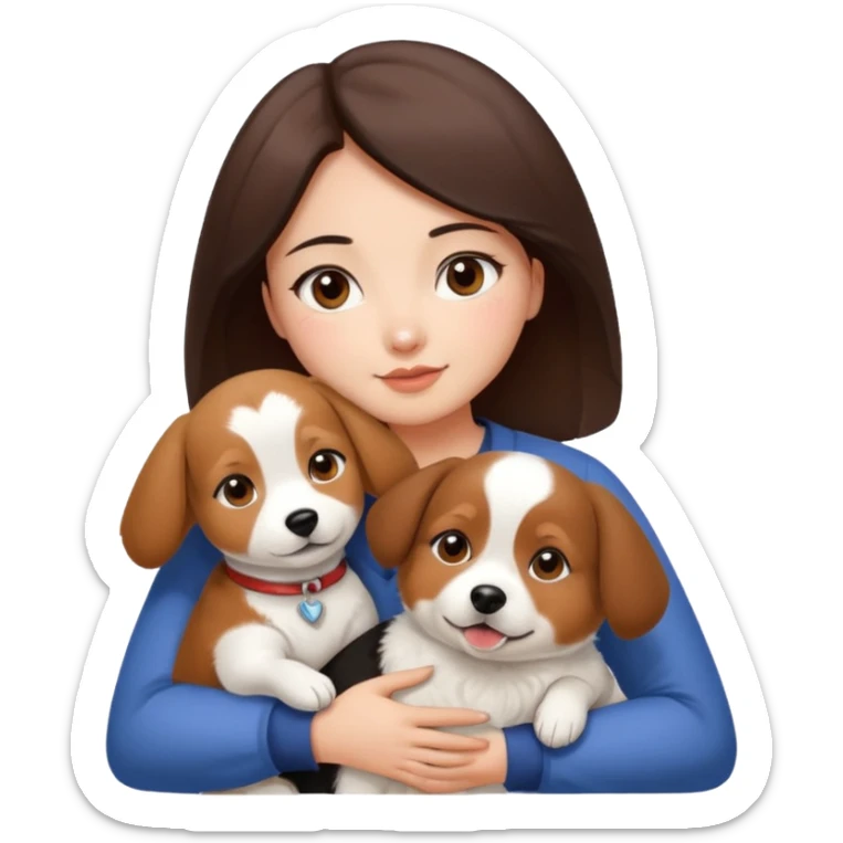 a beautiful woman with medium length dark brown hair and brown eyes, a bit chubby, hugs a beagle and japanese spitz dog  sticker