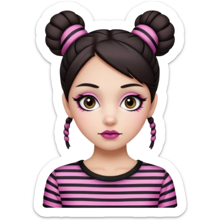 generate a pretty fair bratz girl with dark brown eyes. Dark brown hair straight hair with pink highlights tied into buns.  eyeliner. black lipstick. Wearing a white and black striped top sticker