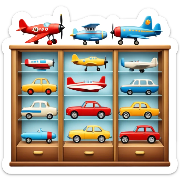 Icon for Toy Collecting: a collection of various vintage toys such as dolls, plush animals, tumblers, cars, planes, ships, action figures, displayed neatly on shelves or in display cases. The icon should evoke the joy and nostalgia of collecting toys. Transparent background. sticker