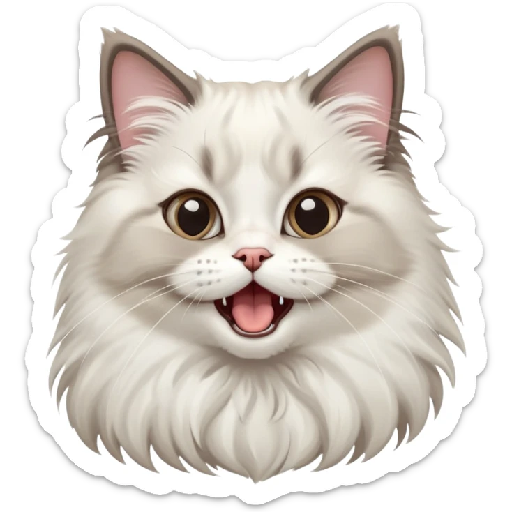 cinematic-adorable-big-eyed-fluffy-ragdoll-cat-portrait-emoji,-head-tilted-playfully-with-a-cute,-exaggerated-yawn,-white and grey fur,-simplified-yet-irresistibly-cute-features sticker