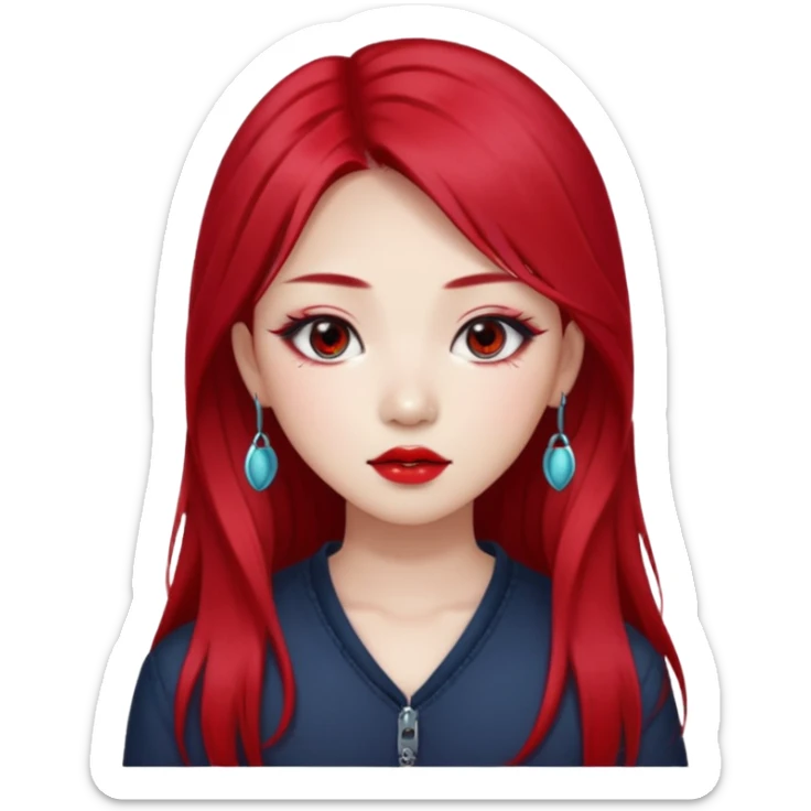pretty girl asian, red cherry long hair,makeup grunge,Eyebrow and lip piercing sticker