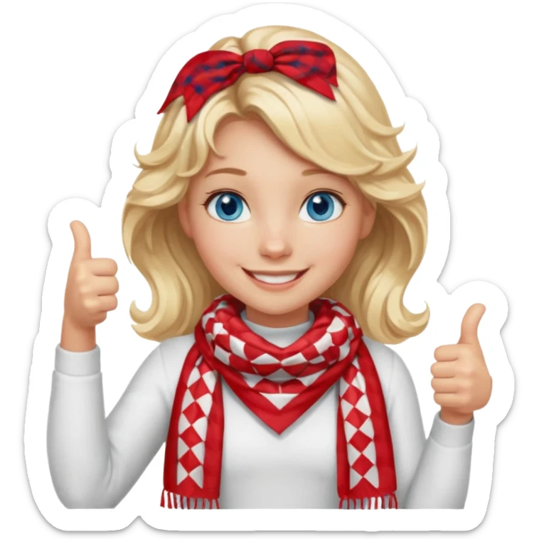 Blonde Girl, Blue Eyes, wavy hair, smiling, thumbs up, wearing red Checkered Triangle scarf, white dress sticker