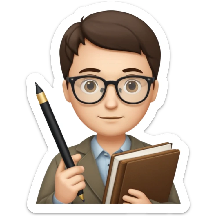 writer holding big pen in hand and book in other hand, wearing glasses sticker