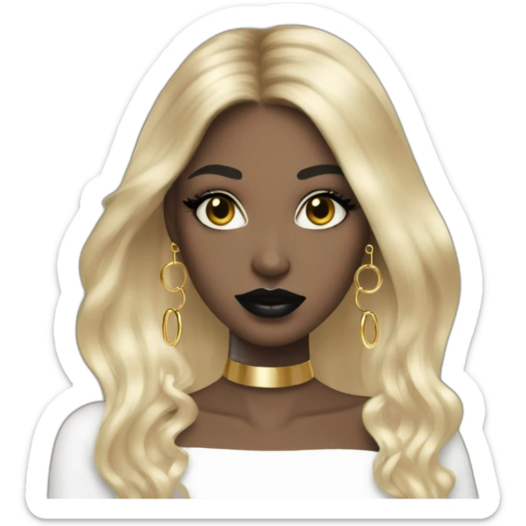 girl with large gold hoop earrings wearing a black dress, with long hair, with black lips abd makeup, pierced face and ears sticker