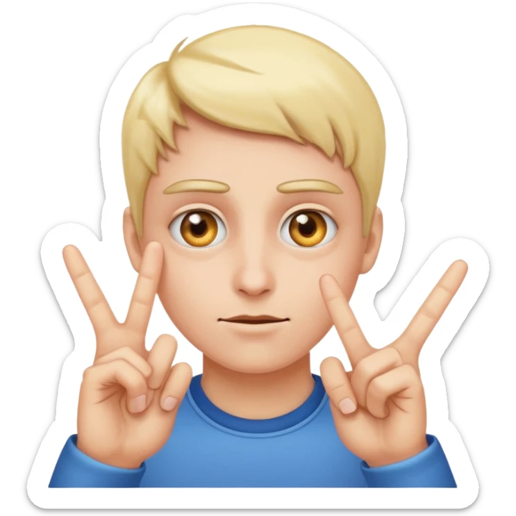 Emoji points to his eyes to create look at my eyes emoji, with one hand make to fingers point to the two eyes sticker