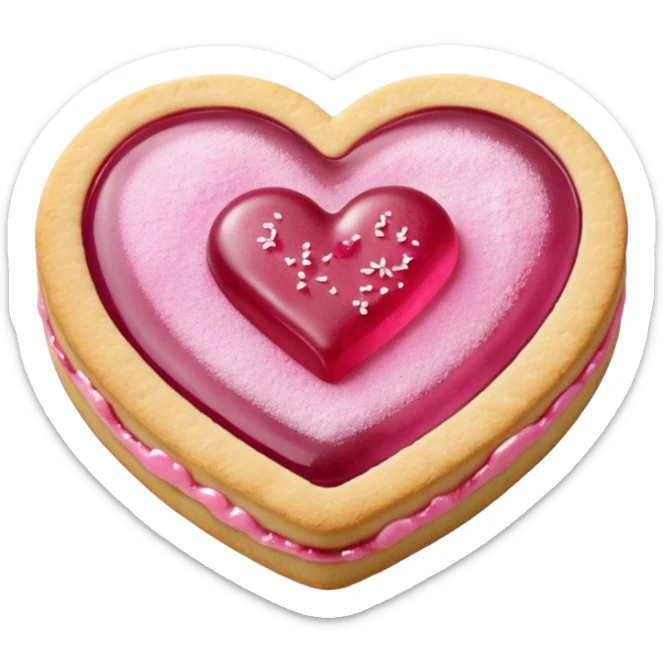 Realistic shortbread cookie in the shape of a heart with pink jelly middle filling and sprinkled powder sugar on top. sticker