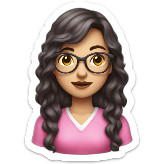 dark wavy long hair nerd girl, wearing a pink dress, pink mouth sticker