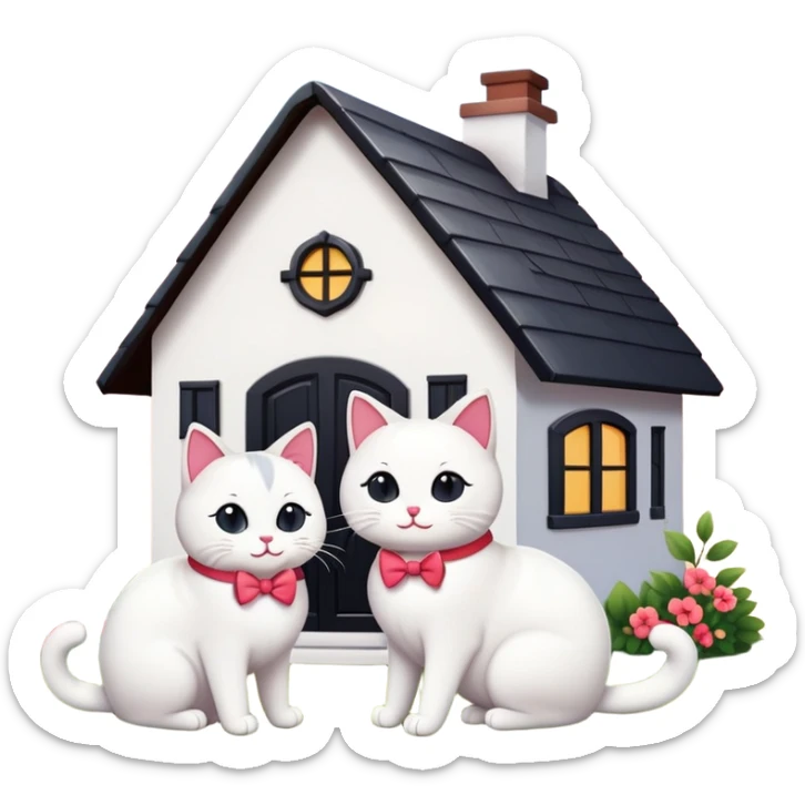 two happy cats in love, white and black cats, with a house behind them that has a bow on the roof, emoji style sticker