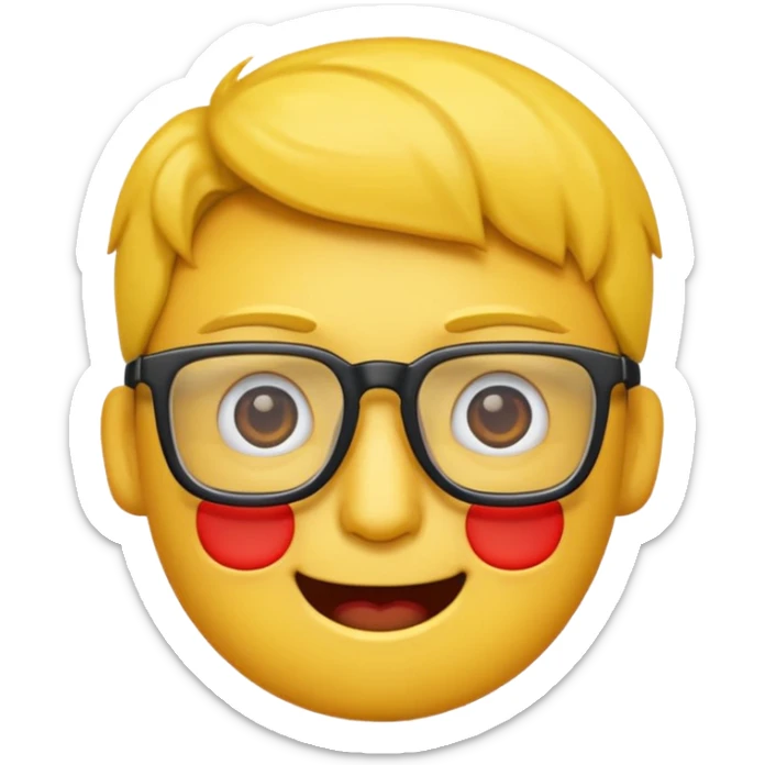 Créer un emoji nerd le perso doit être une tête basique d'emoji jaune avec une grosse paire de lunettes rectangulaires noires 3 boutons sur chaque joue et une dent qui dépasse  sticker