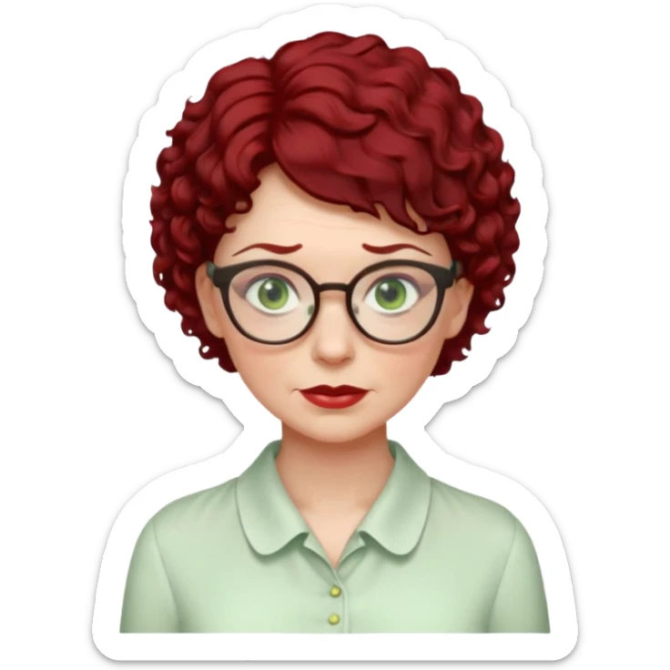 create an emoji of an adult woman with wrinkles and glasses, she has extremely short curly dark red hair, green eyes and a pale white vintage blouse sticker